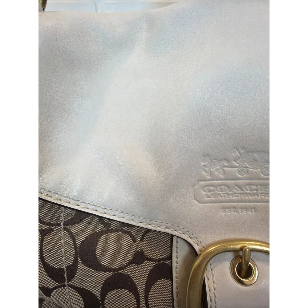 Coach Signature Jacquard Flap Shoulder Bag Beige White Crossbody